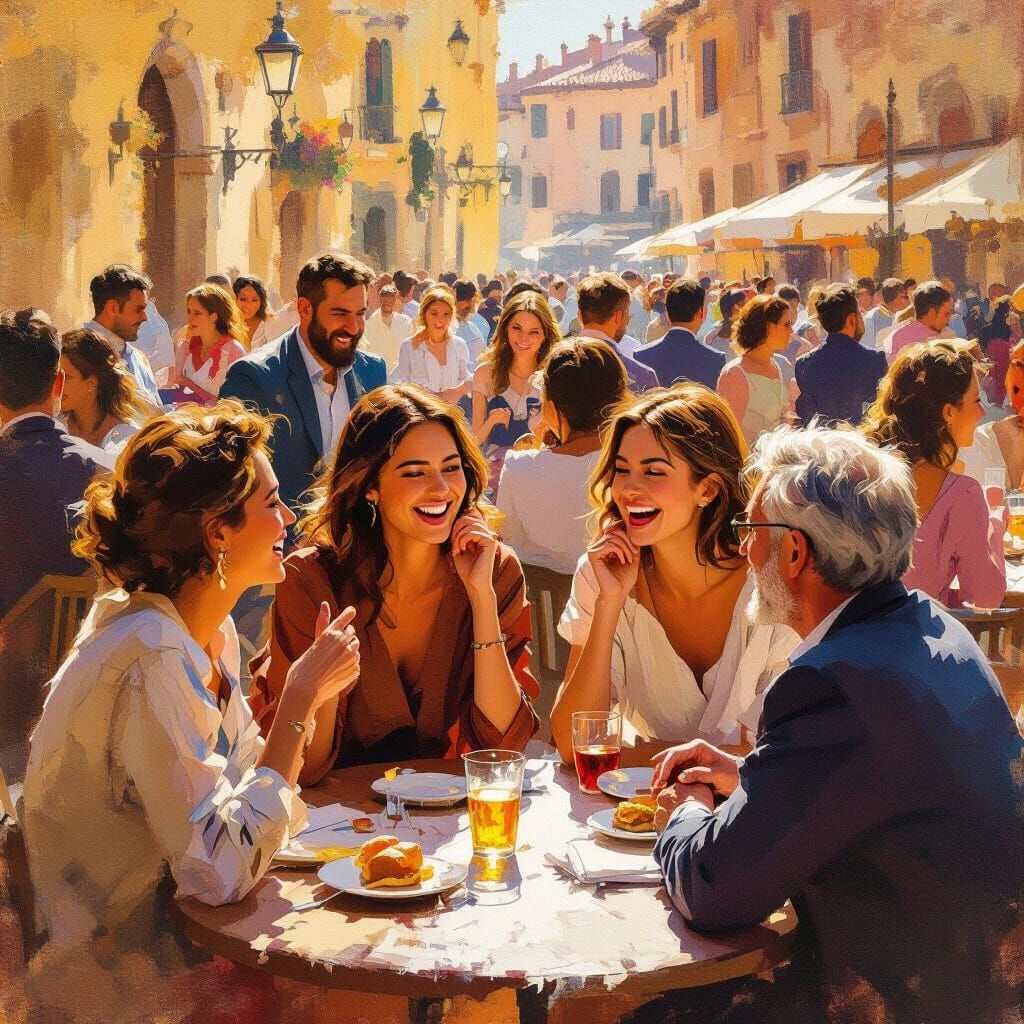 Diverse Group Expressing Emotions in Golden Hour Piazza