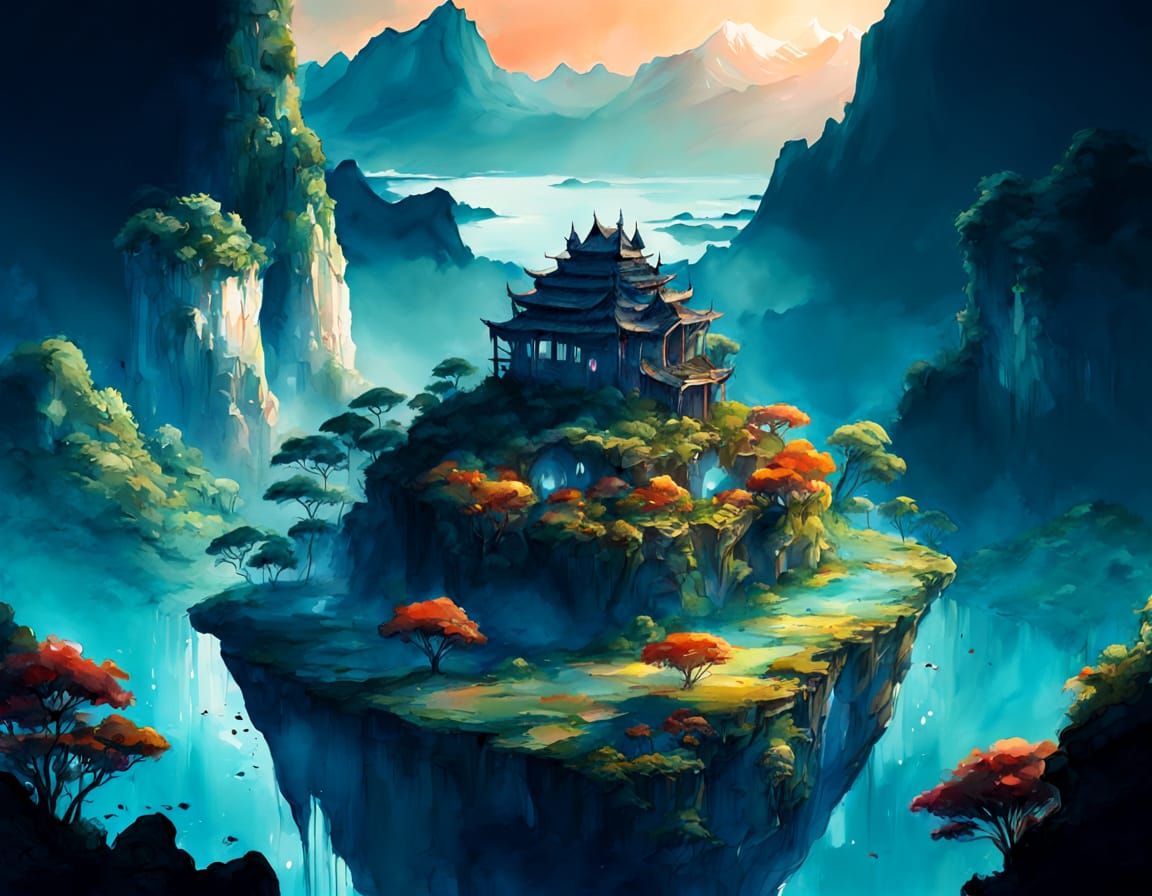 Floating Island Ruins in Lush Jungle Watercolor Art