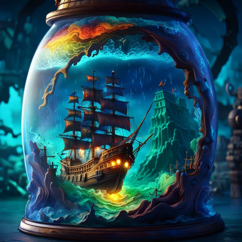 A ghost ship inside a big bottle, glittering drifting sea in...