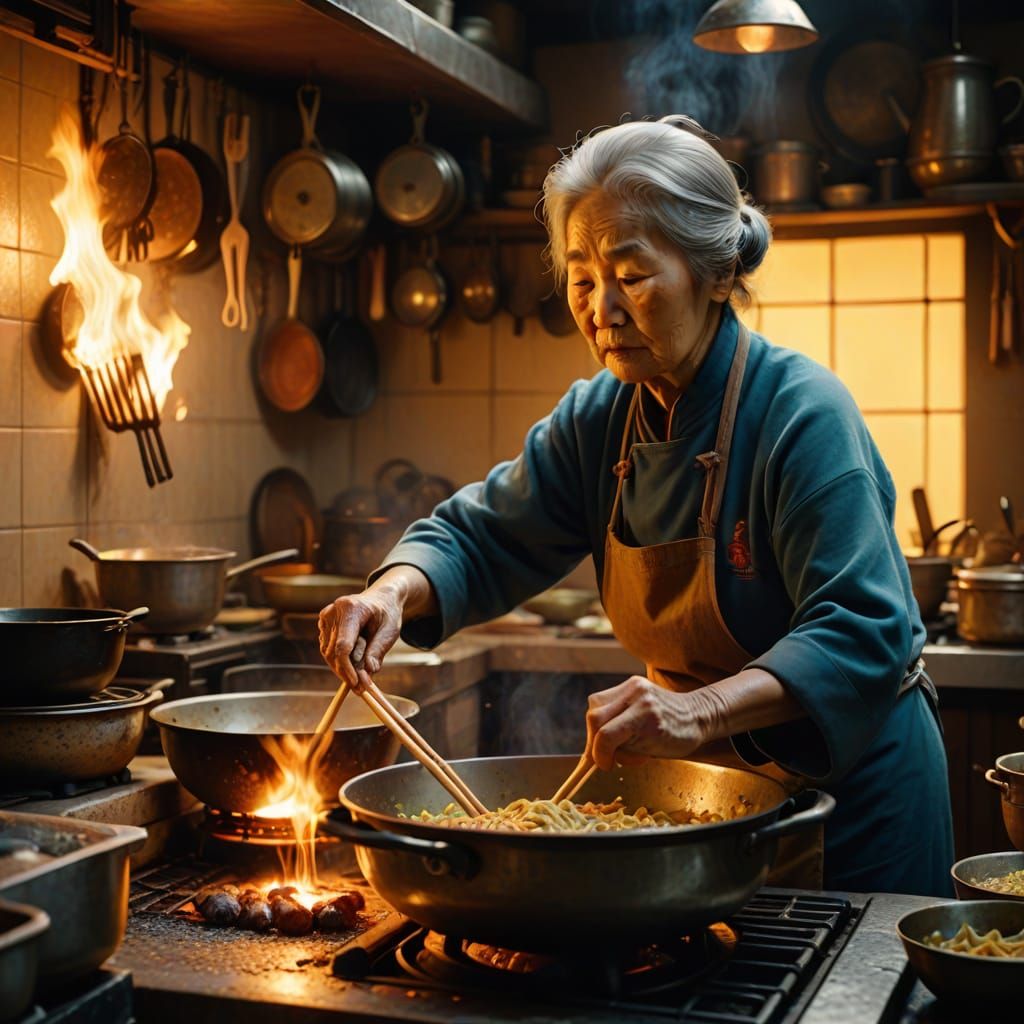 Old Woman Cooking in Chinese Kitchen, Oil Painting Style