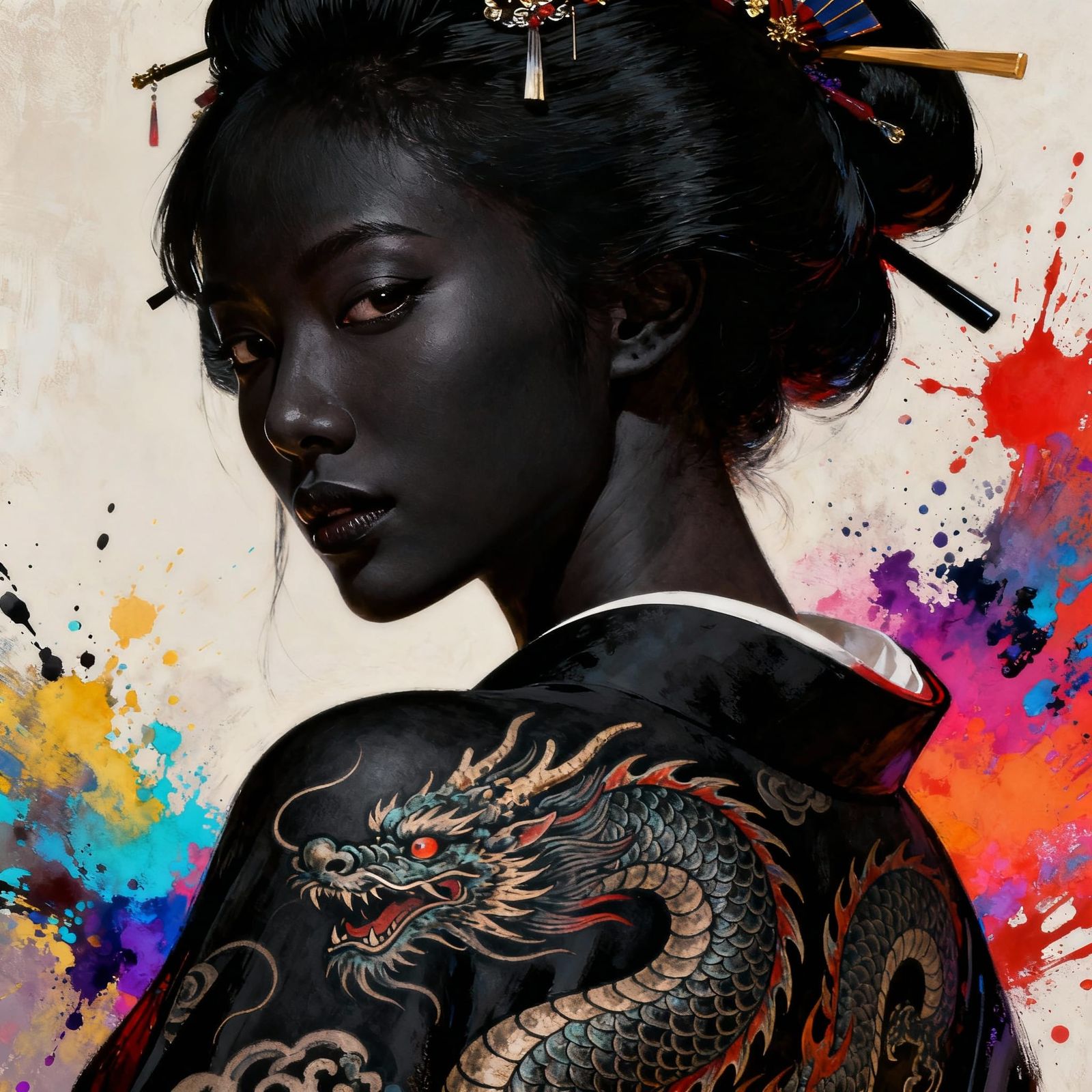 Black Geisha With Dragon Tattoo, Hyperrealistic Splash Art