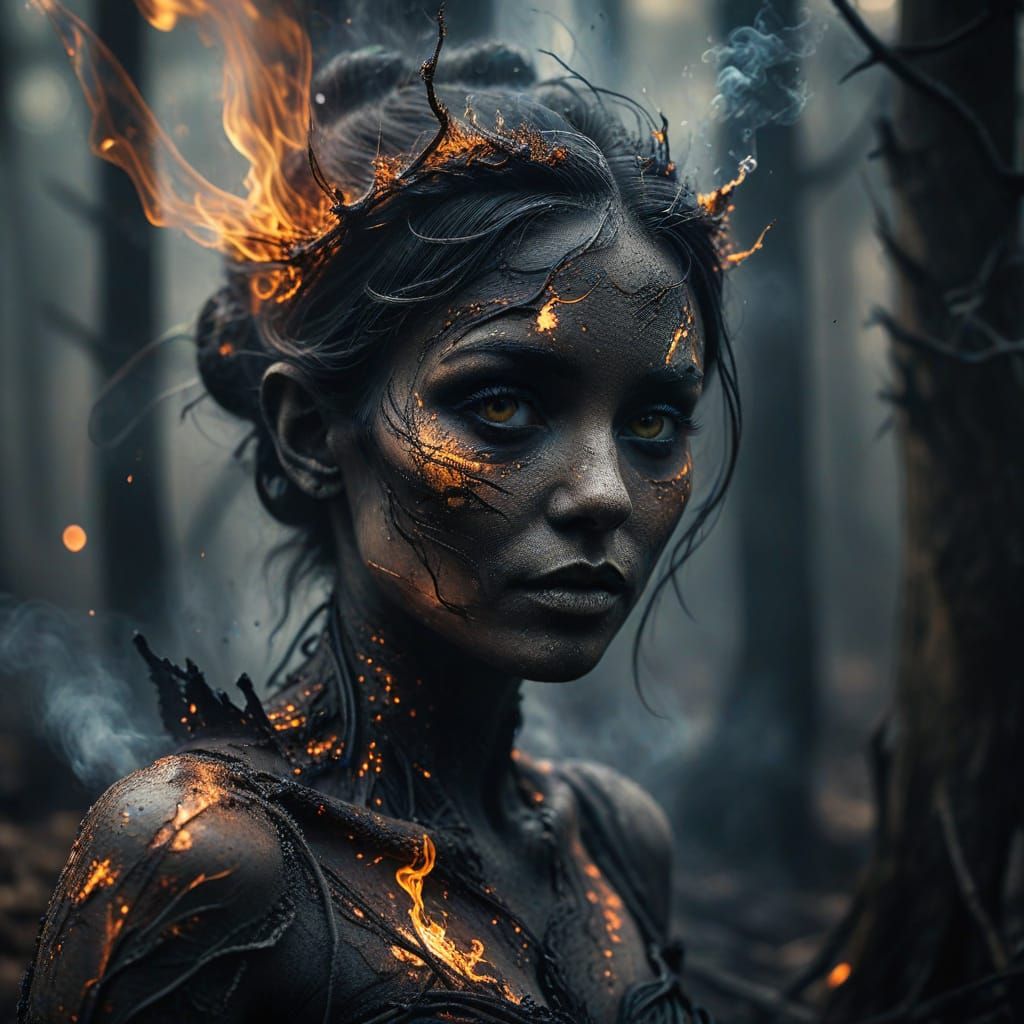 Smoke and Ash Fairy in Charred Forest: Dark Fantasy Art