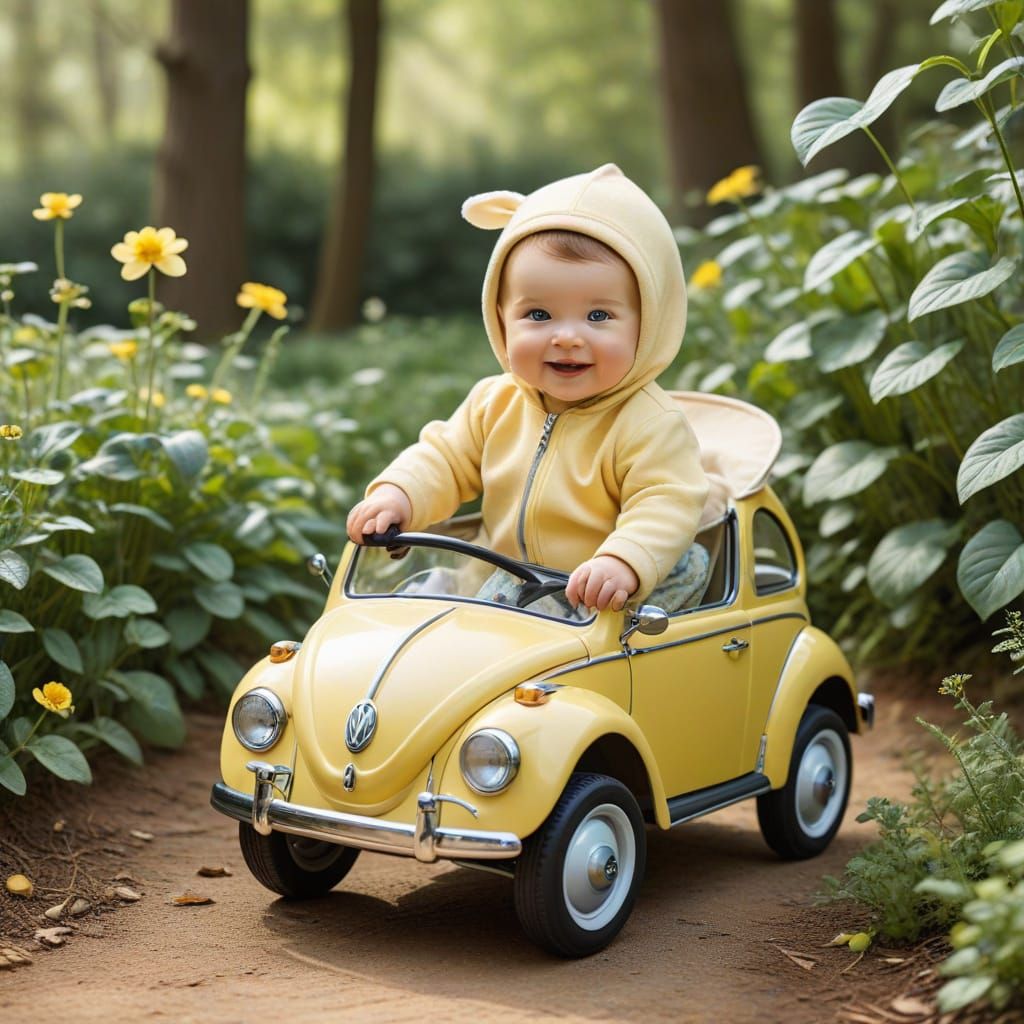 Charming Baby in Vintage VW Bug Stroller