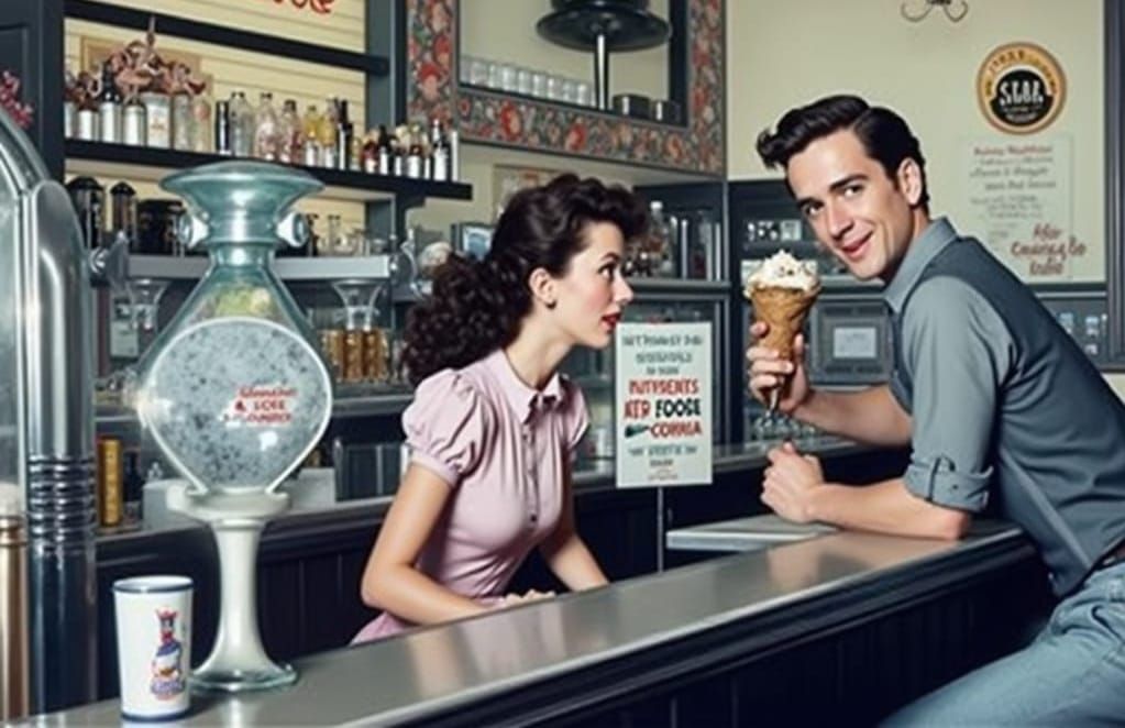 1950s Malt Shop Scene in Lowbrow Art Style