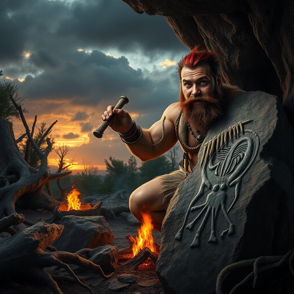 Hyper-Realistic Caveman Carving Alien Image at Sunset