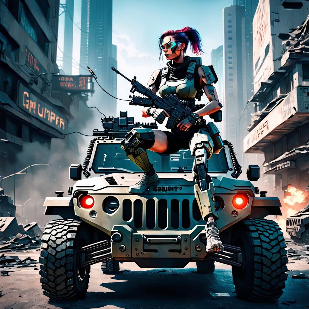 Cyberpunk Soldier with Machine Gun in City Riot