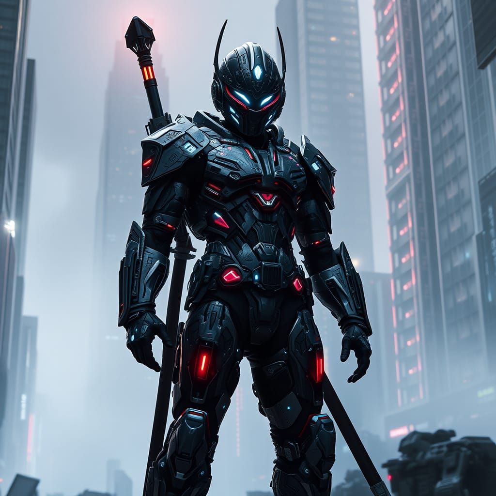 Futuristic Warrior in Dystopian Cyberpunk Cityscape