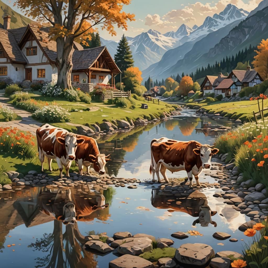 Riverside Cottages with Cows and Poppies