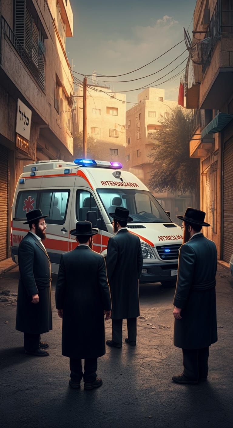Hasidic Men Around Ambulance in Bnei Brak, Comic Art