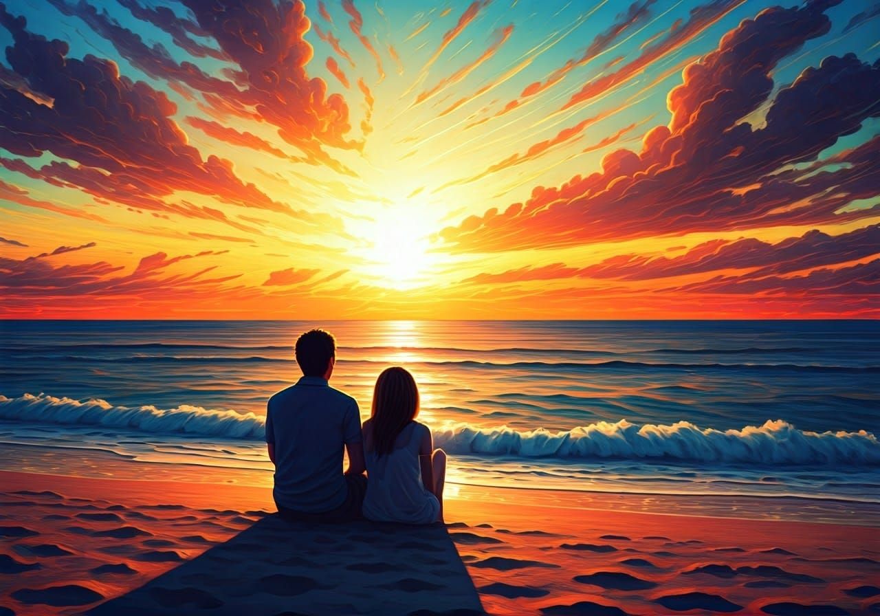 Sunset Oasis with Silhouetted Lovers