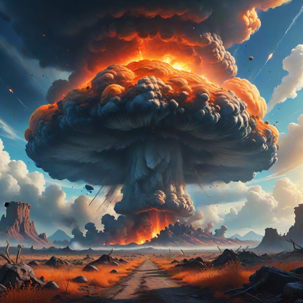 Mushroom Cloud Over Desolate Landscape as Oil Painting