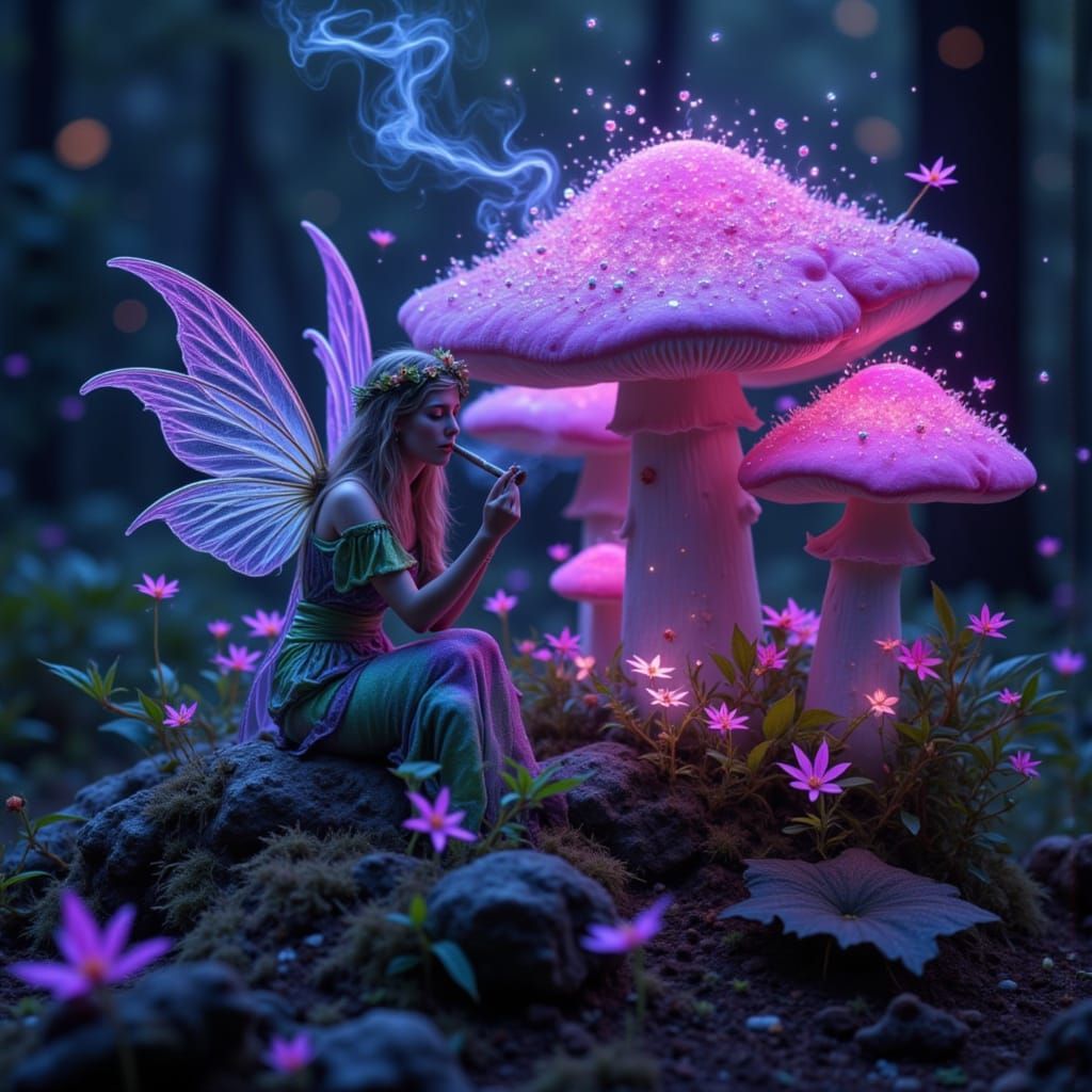 Cannabis Fairy on Mushroom in Neon Splash Art