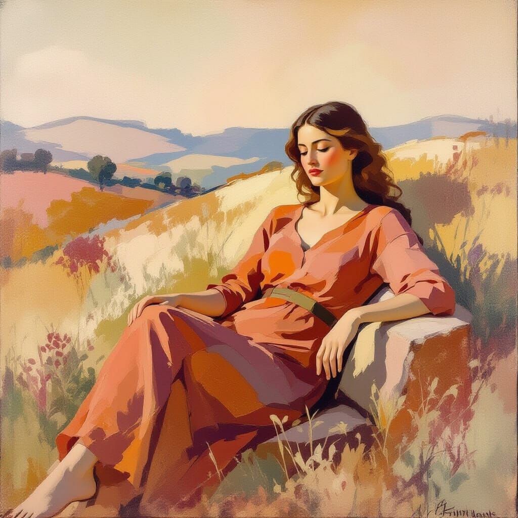 Earthy Figure in Dreamy Abstract Landscape