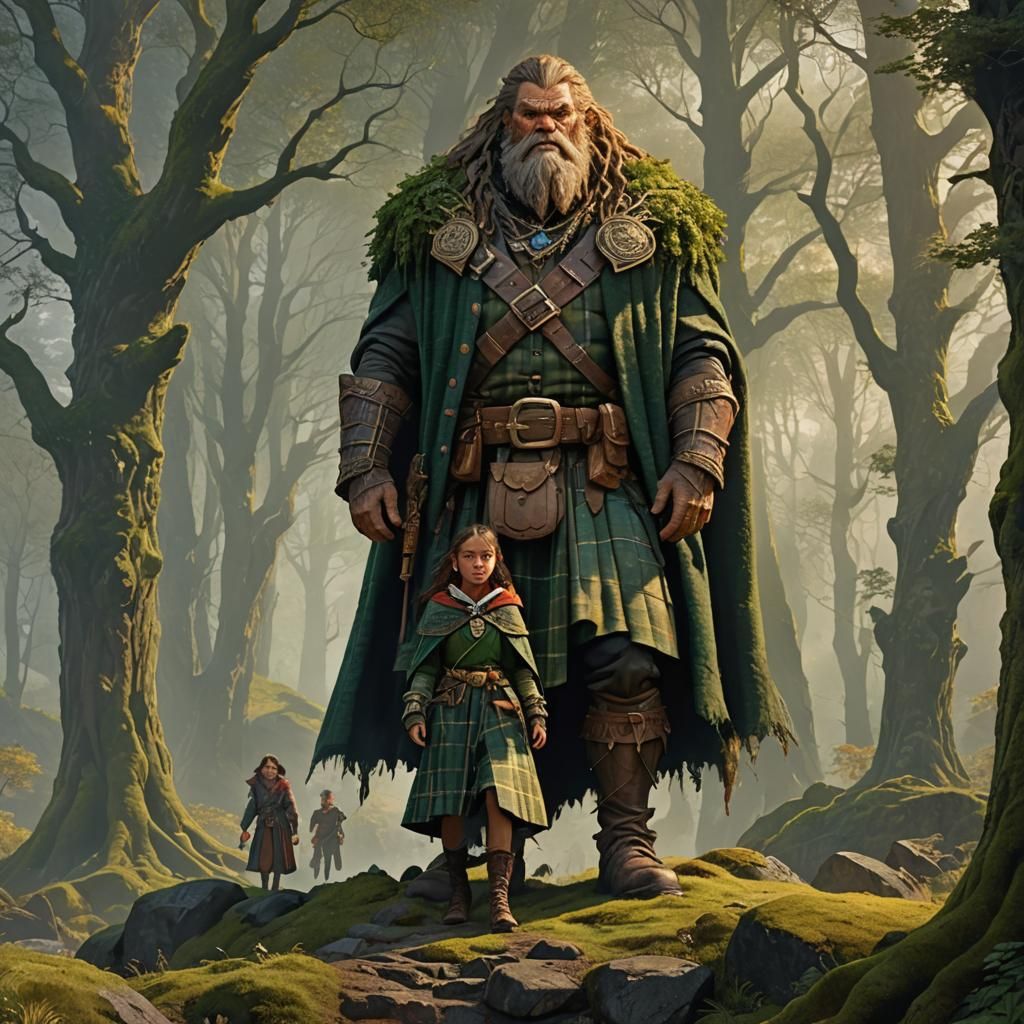 Highland Giant and Clerk in Emerald Landscape