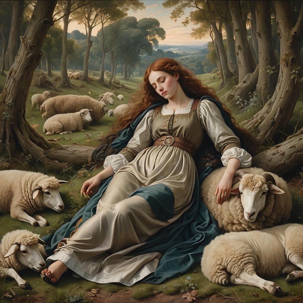 Ethereal Shepherdess in Forest Landscape