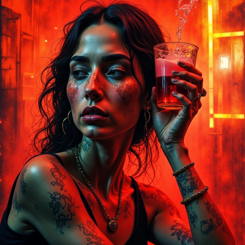 Woman Sipping Lager in Dreamy Monotype Style