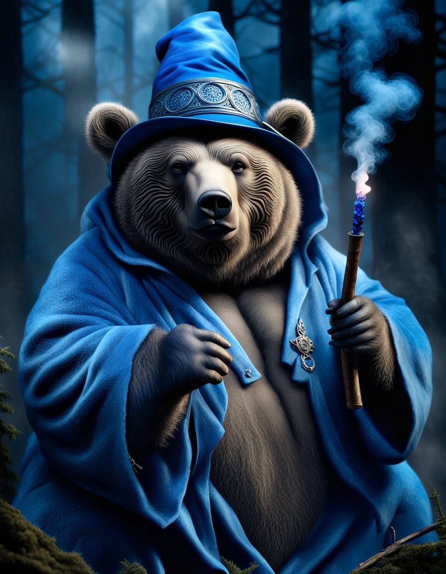 Blue Bear Wizard in Dark Forest: Fantasy Photo