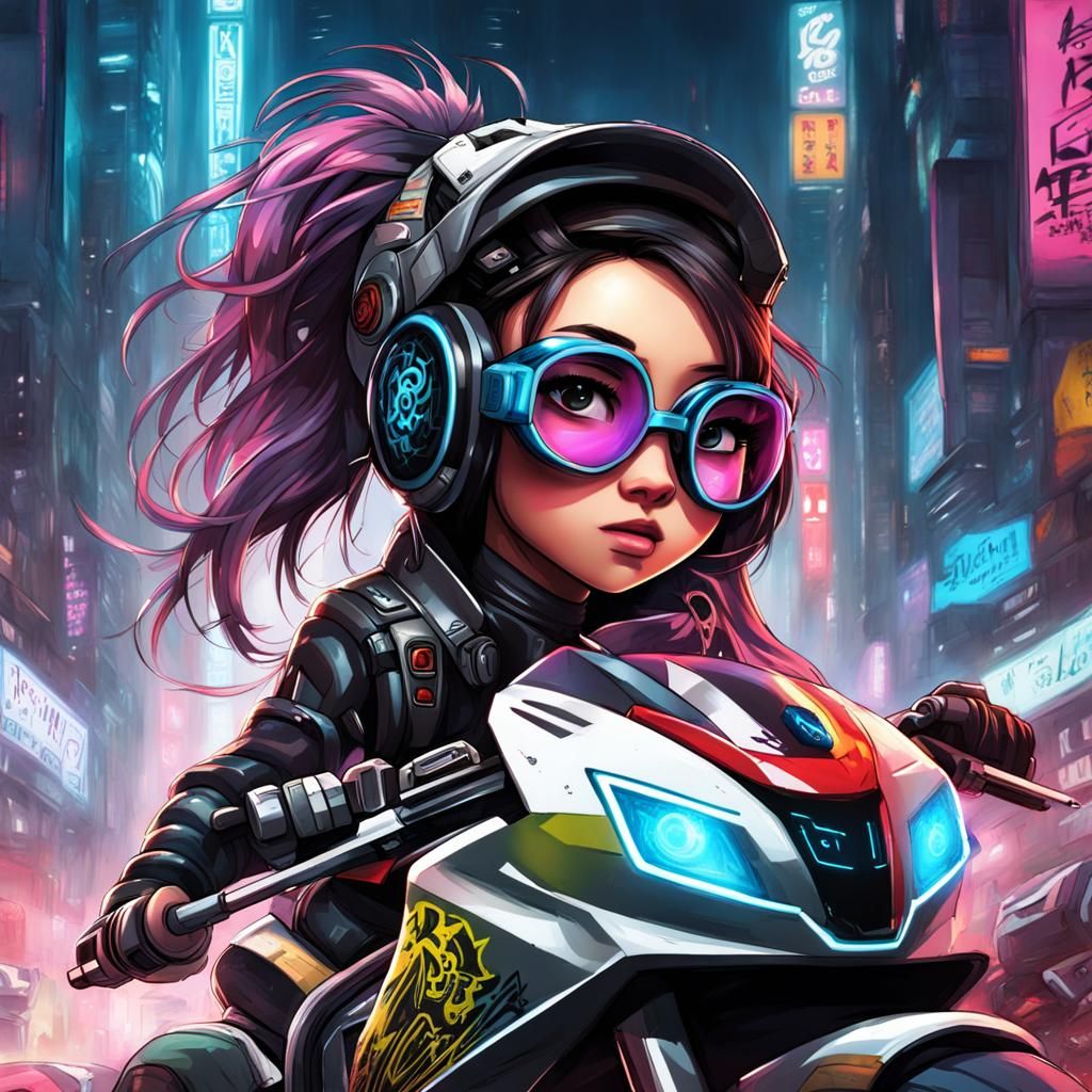 Cyberpunk Chibi Racer on Robotic Motorcycle