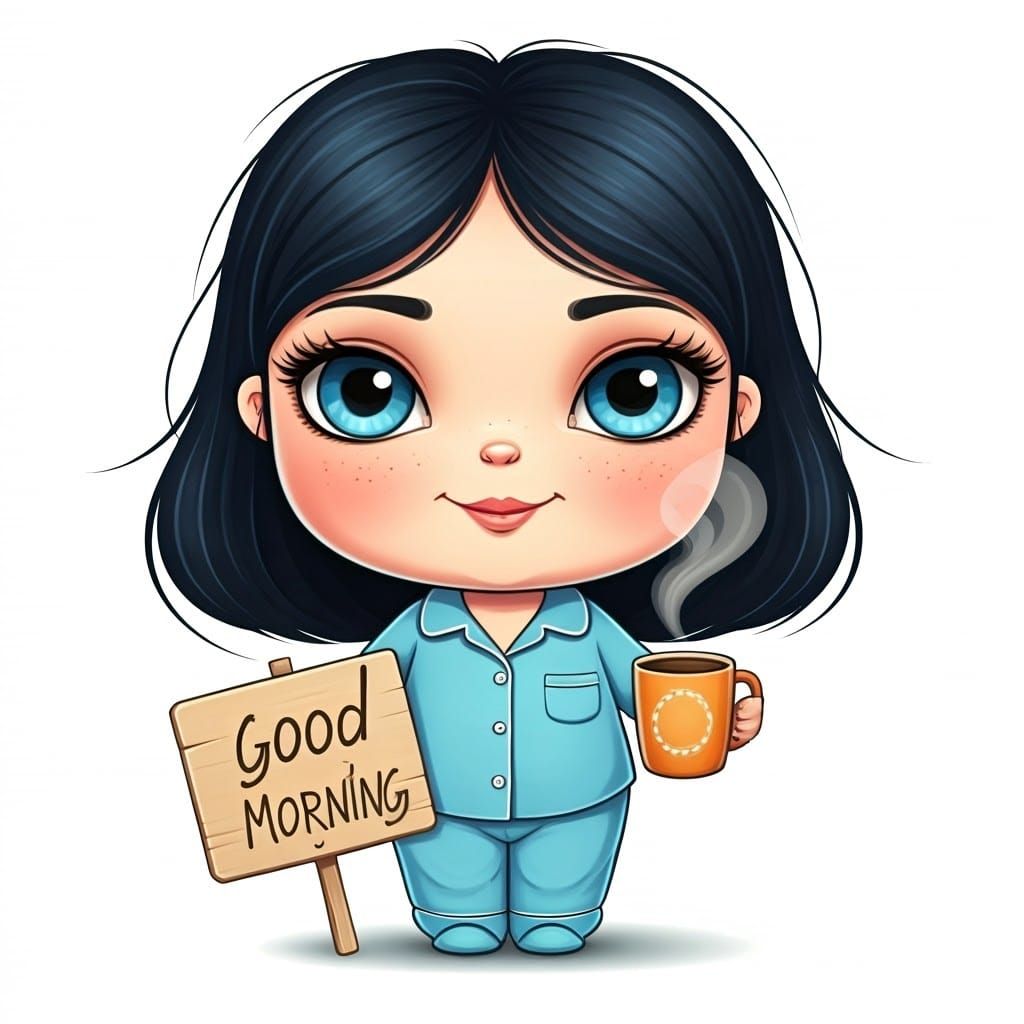 Cartoon Woman with Coffee Cup and Good Morning Sign