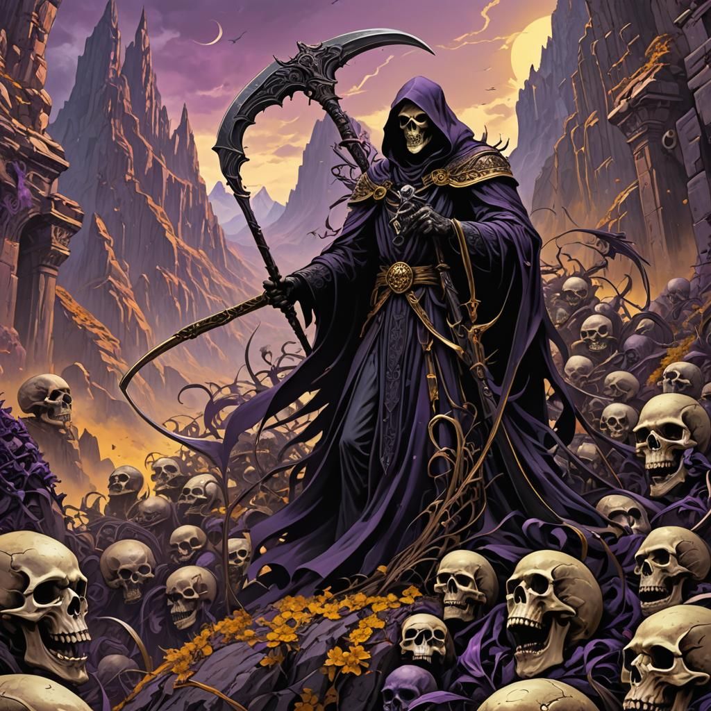 Grim Reaper on Mountain of Skulls in Digital Art