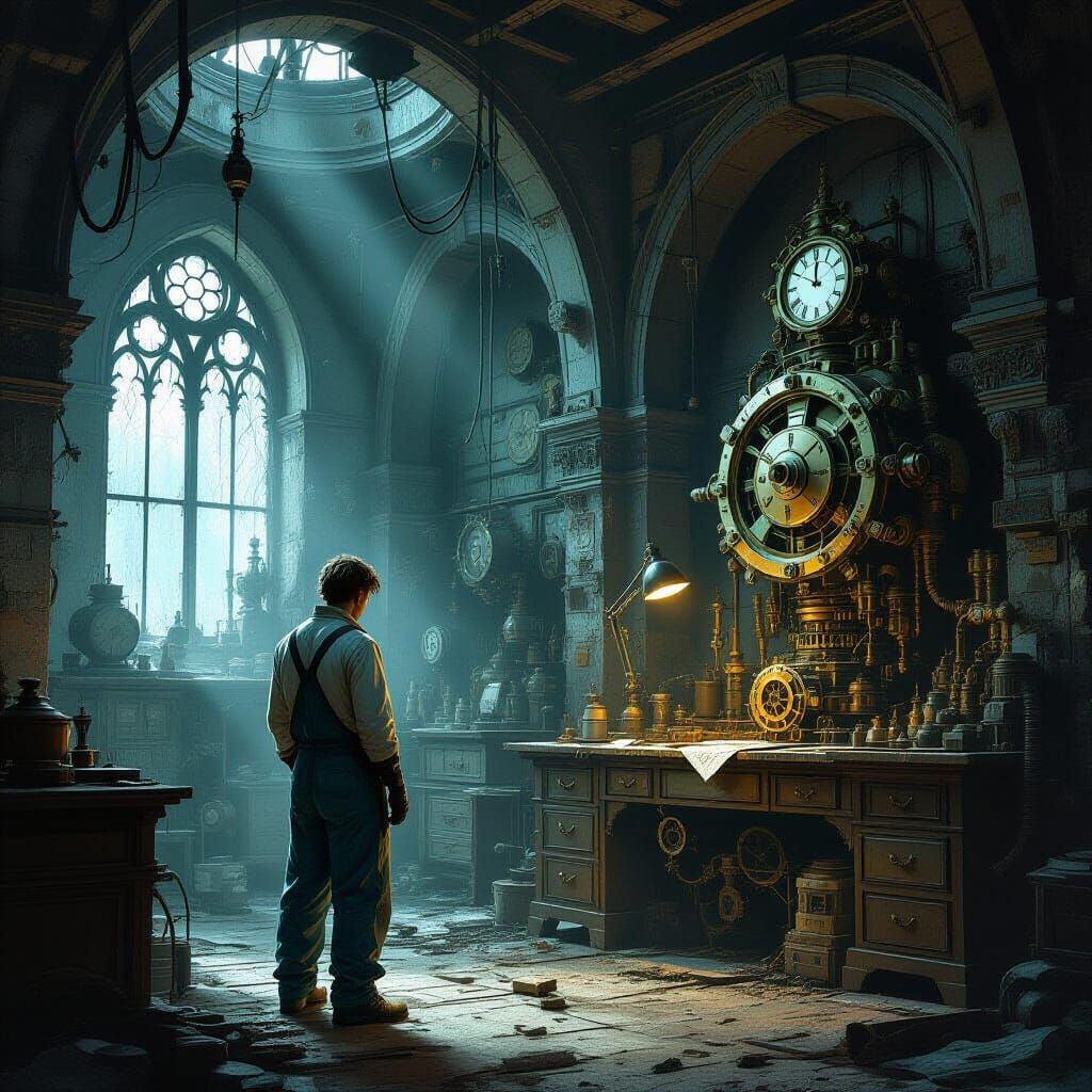 Steampunk Technician in Dusty Gothic Workshop