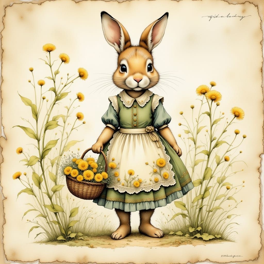 Anthropomorphic Rabbit in Vintage Dress with Flowers