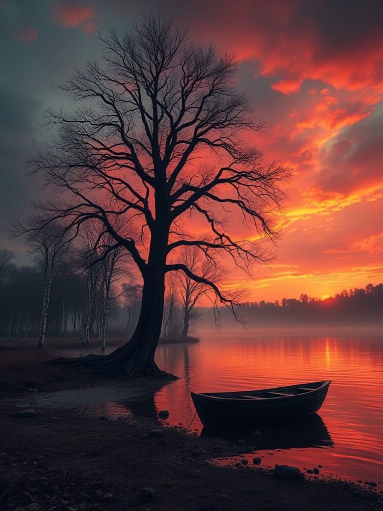 Surreal Sunset Oasis with Lonely Wooden Boat