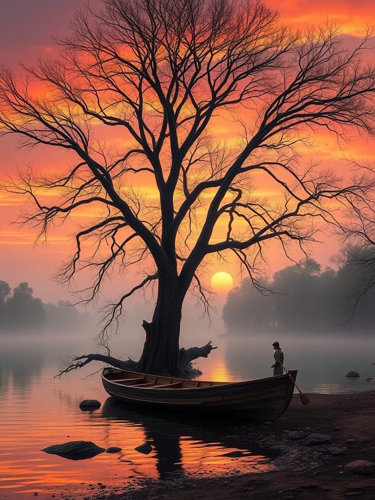Dreamlike Tree Beside Serene Orinoco River at Sunset