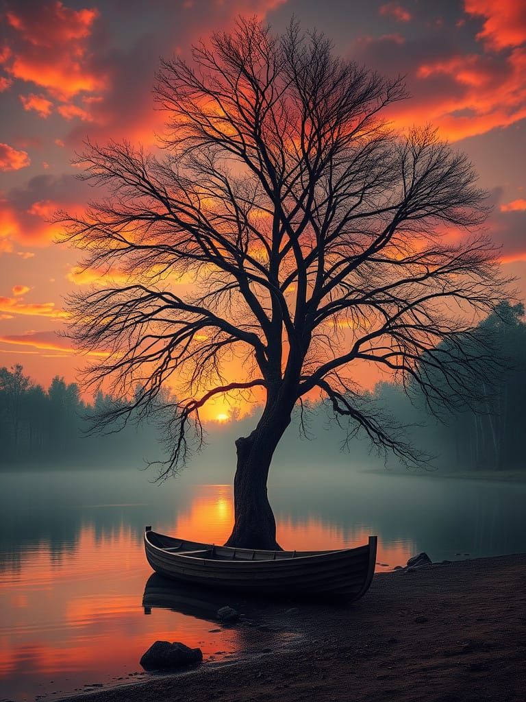 Solitary Tree Stands Guard Beside Serene Orinoco River at Su...