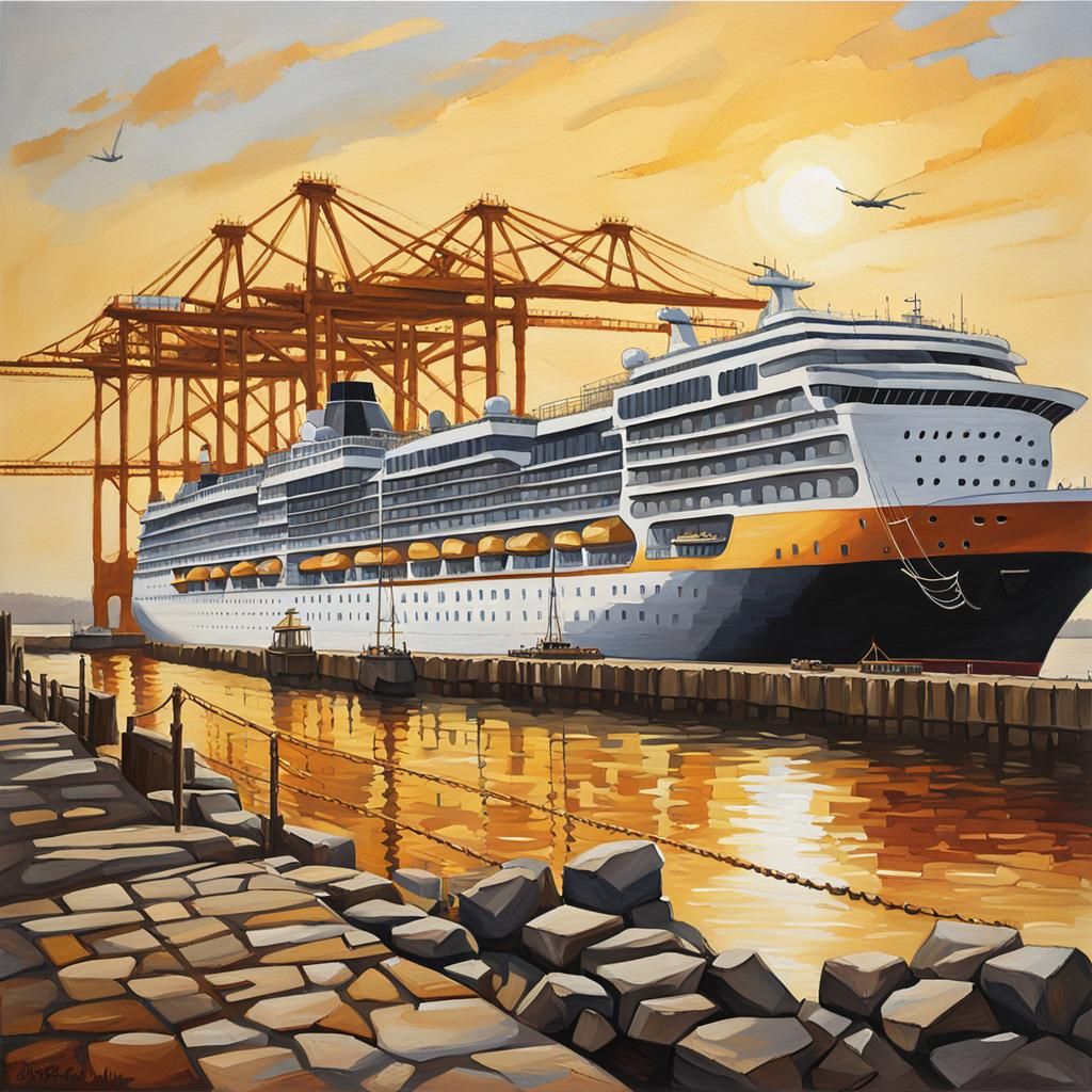 Cruise Ship Docks: Oil Painting in Yellow and Gray