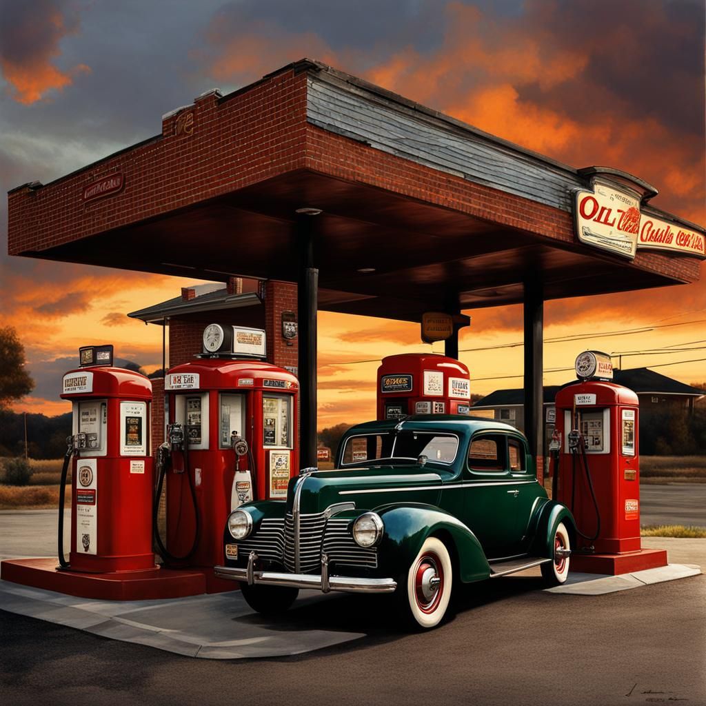 Vintage Gas Station in Analogous Colors