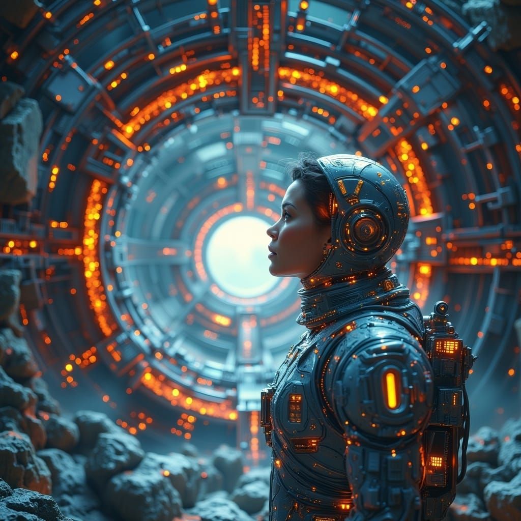 Cyborg Astronaut Contemplates Interdimensional Portal