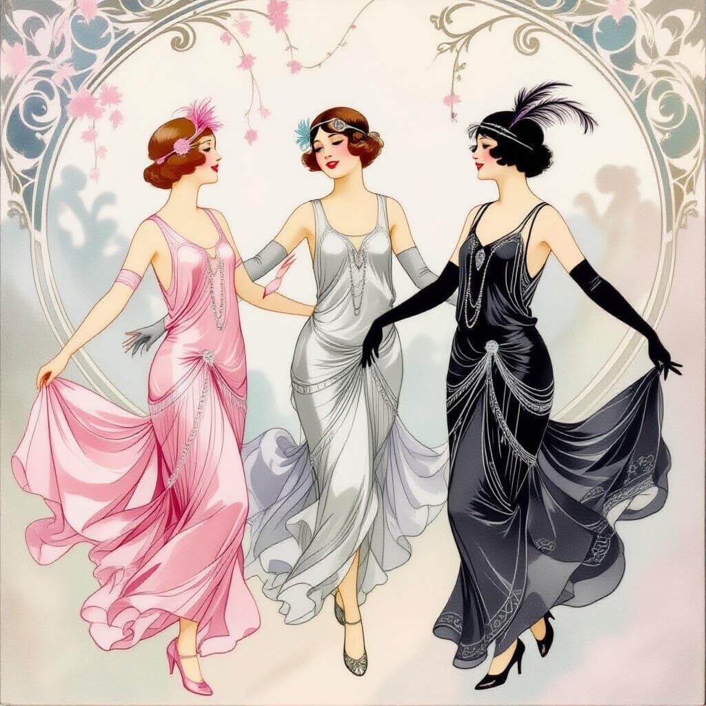 Flapper Girls Dancing in Watercolor Style