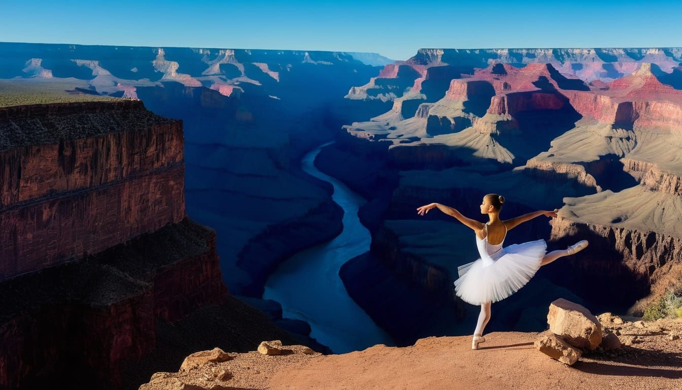 Ballet Dancer Silhouetted at Grand Canyon Edge in Elegant En...