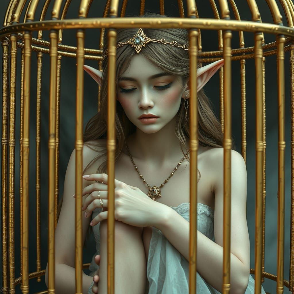 Sad Elf Woman Trapped in Golden Cage
