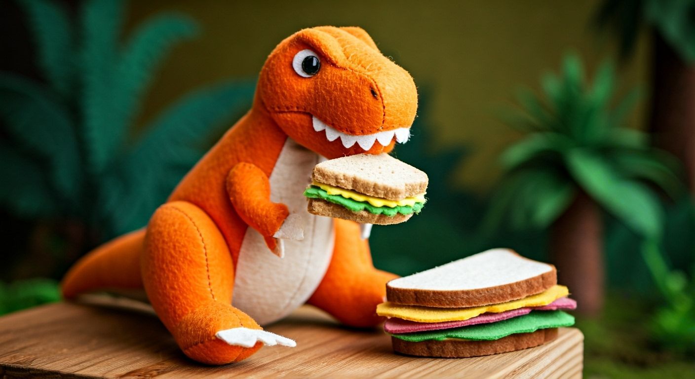 Felt Tyrannosaur Toy Eats Sandwich in Jurassic Jungle