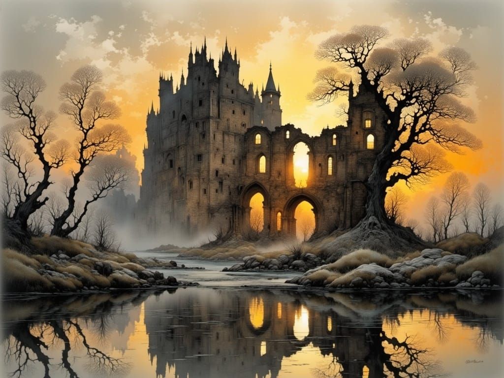 Romantic Ruined City Reflections at Sunset