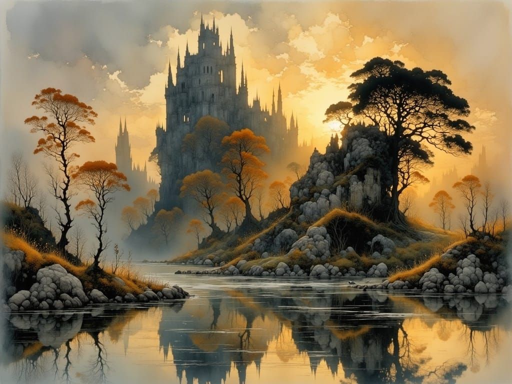 Ruined City Mirrored at Sunset: Watercolor Landscape