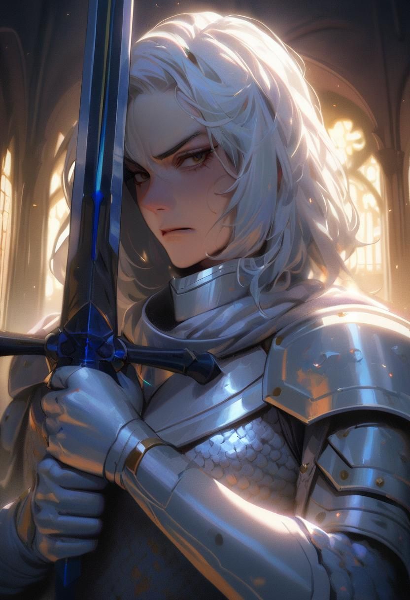 Furious White Armor Knight with Sword in Castle Interior