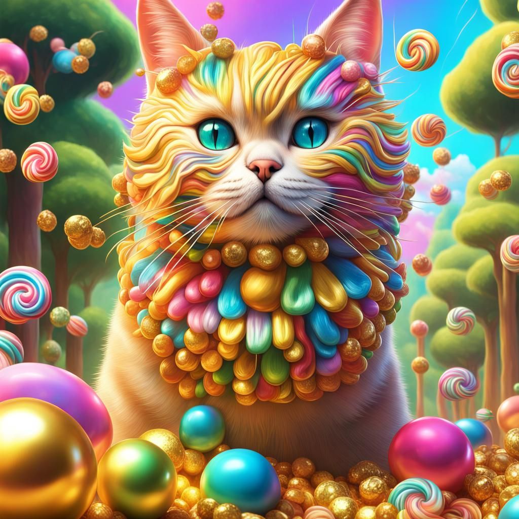 Whimsical Cat in Candy Forest with Rainbow