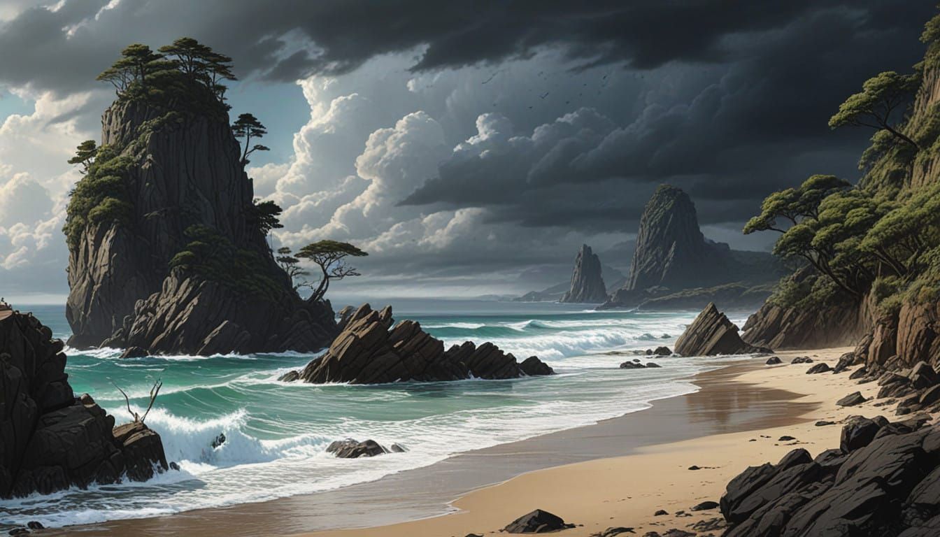 Surreal Stormy Shore in Ink Chiaroscuro Style