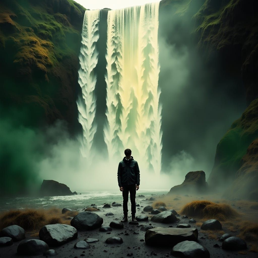 Sunlit Waterfall With Figure in Moody Style