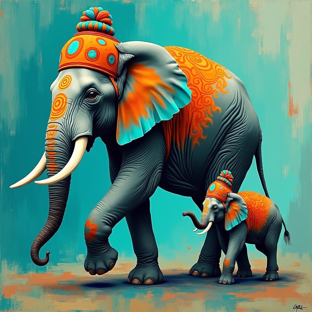 Elephant with Baby in Abstract Expressionist Style