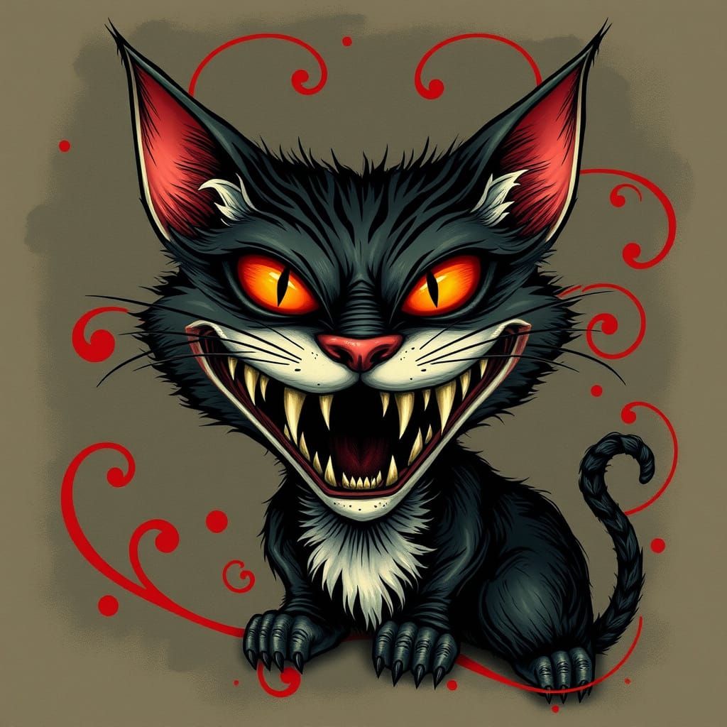 Whimsical Gothic Cat with Crimson Accents