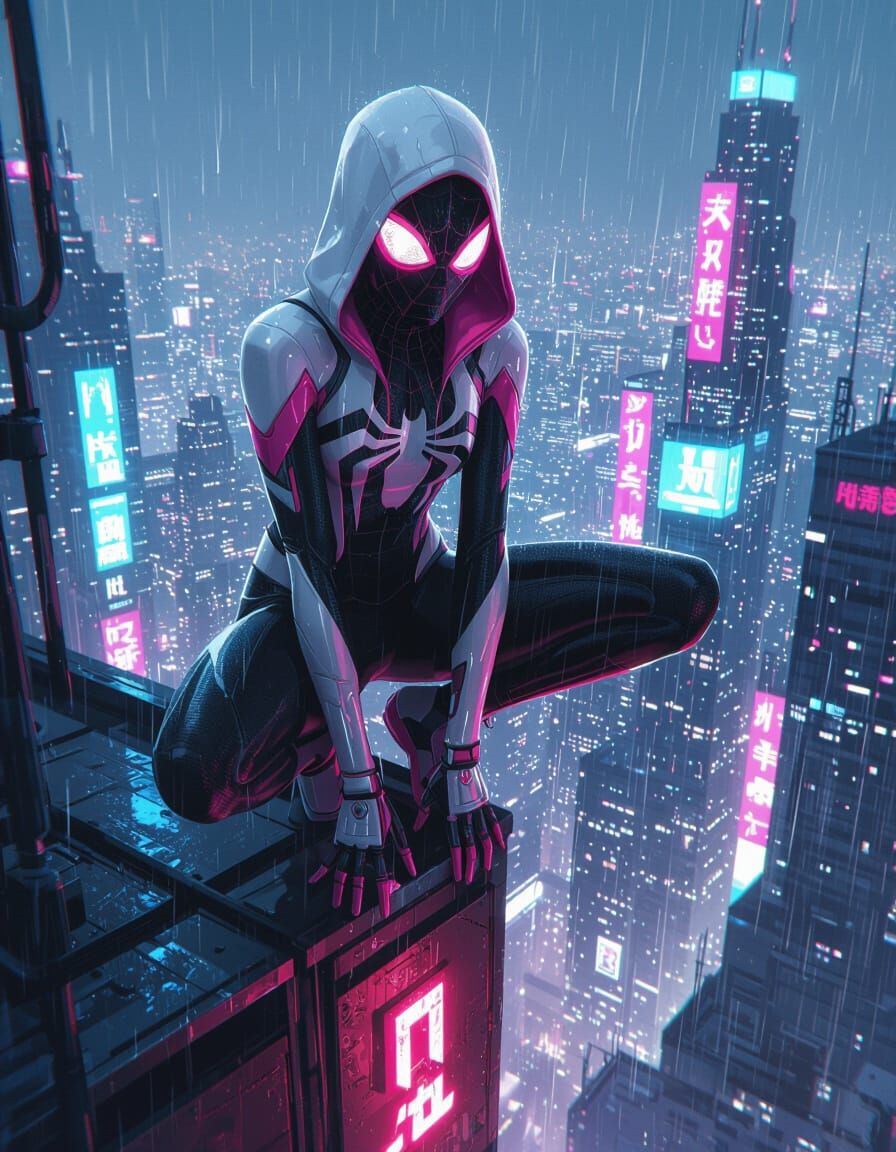 Spider-Gwen in Cyberpunk Cityscape