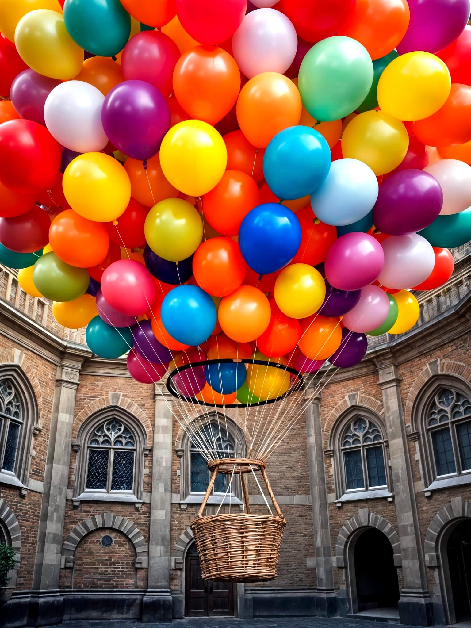 Vibrant Balloon Hotair Basket Scene in Castle Courtyard