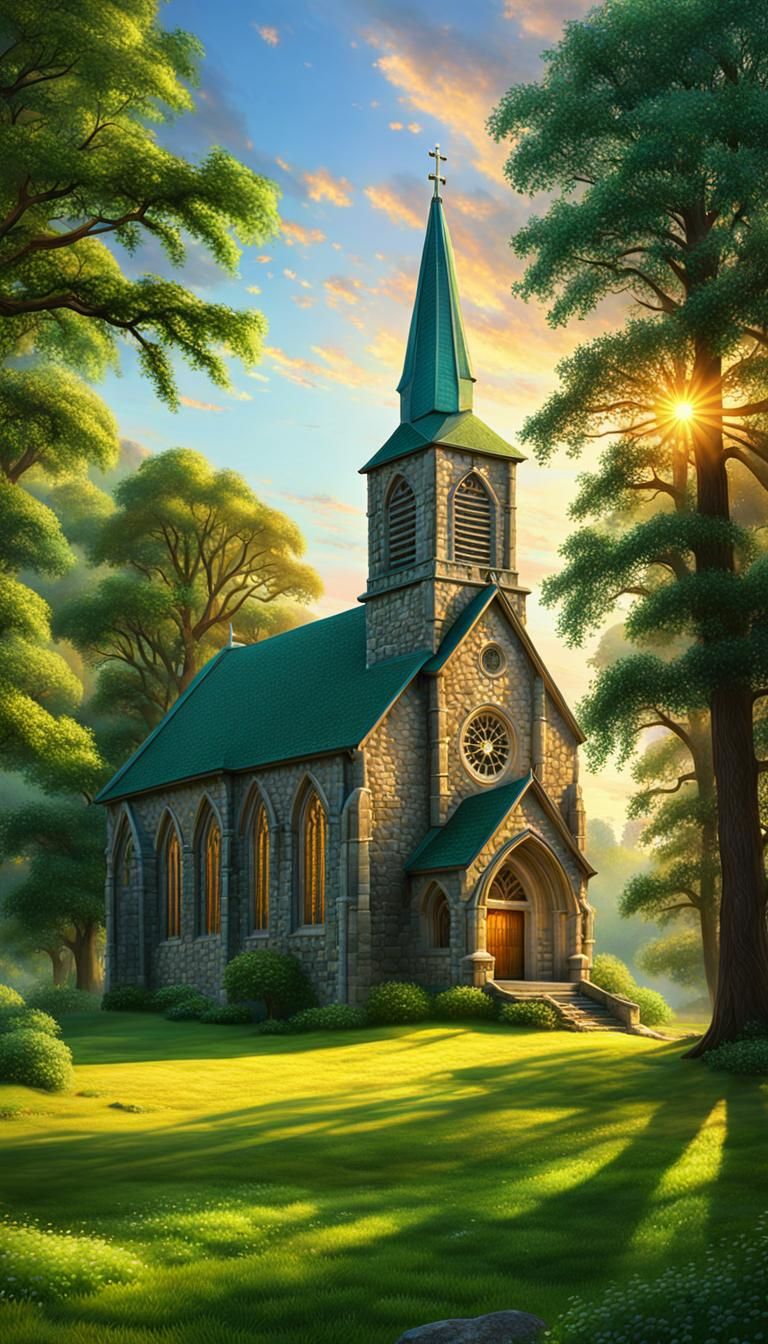 Stone Church in Meadow at Sunrise: Kinkade Style