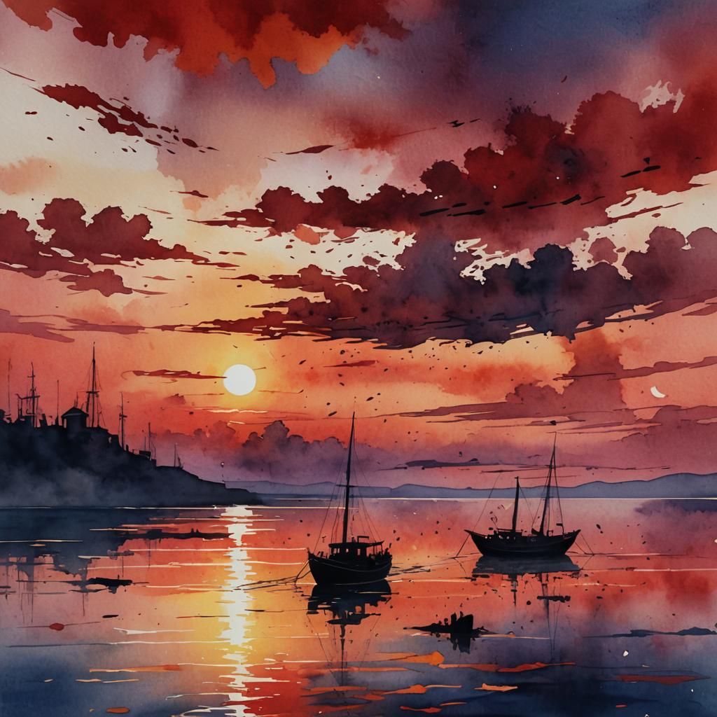 Vintage Red Sunset Watercolor Painting