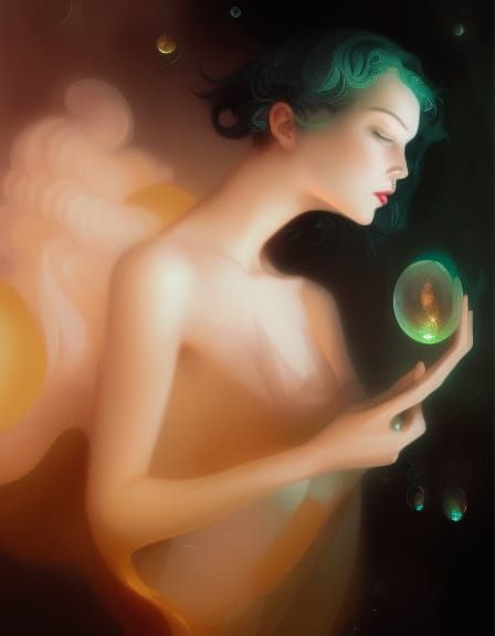 Ethereal Vaporwave Portrait with Waves and Bubbles