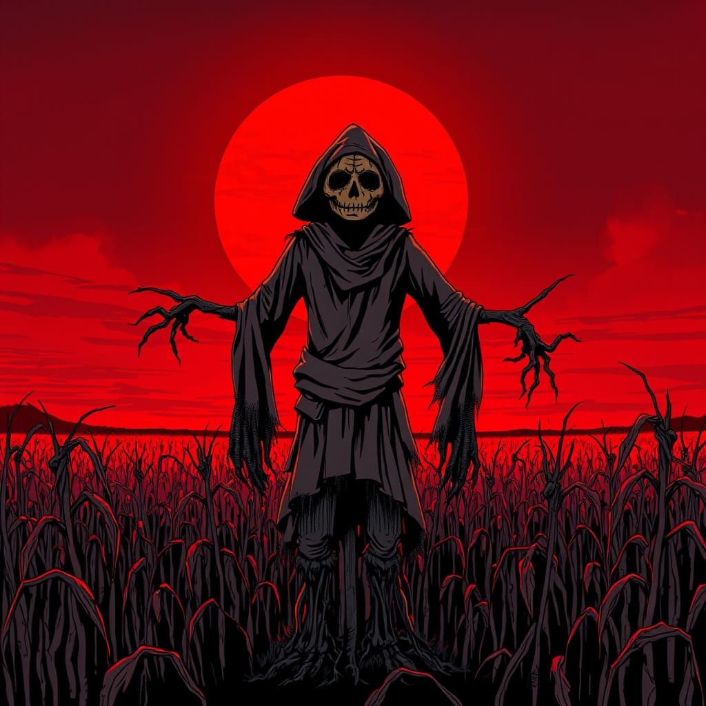 Gothic Scarecrow Silhouette Against Blood-Red Sunset